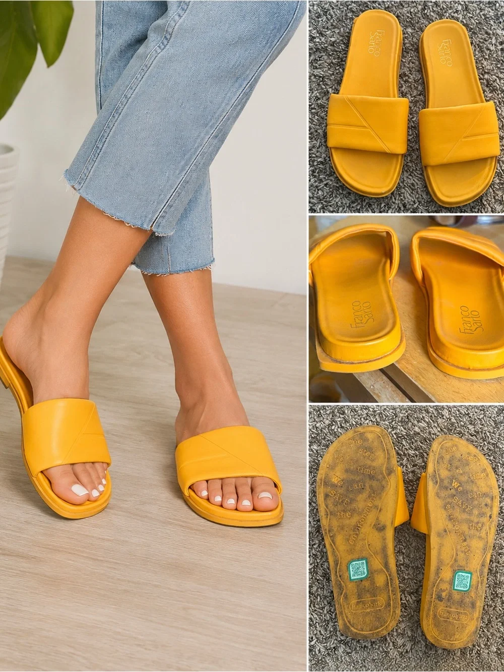 Franco Sarto Irina Slide Sandal in a vibrant yellow/mustard shade 8.5